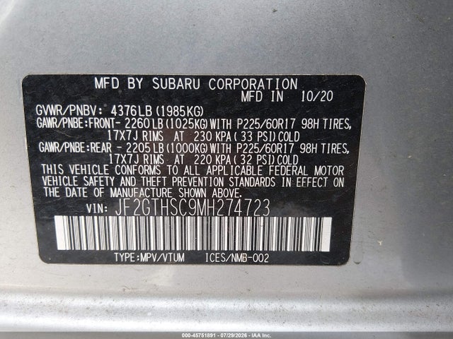 45751891 :رقم المزاد ، JF2GTHSC9MH274723 vin ، 2021 Subaru Crosstrek Sport مزاد بيع