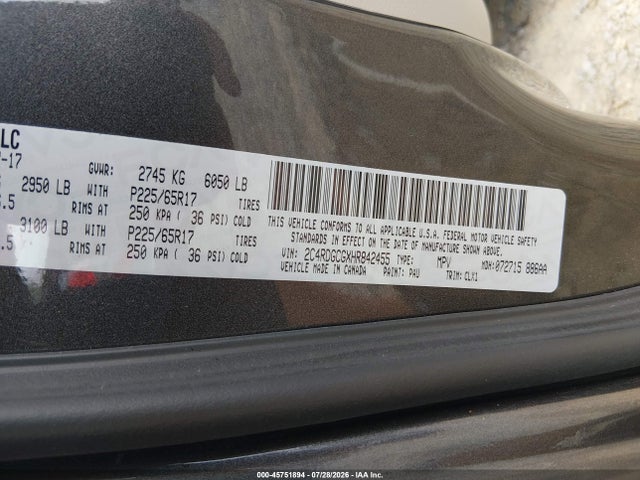 Продажа на аукционе авто 2017 Dodge Grand Caravan Sxt, vin: 2C4RDGCGXHR842455, номер лота: 45751894