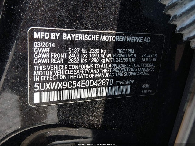Aukcja sprzedaży 2014 Bmw X3 Xdrive28i, vin: 5UXWX9C54E0D42870, numer aukcji: 45751895