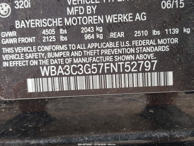 Продажа на аукционе авто 2015 Bmw 320i Xdrive, vin: WBA3C3G57FNT52797, номер лота: 45751907