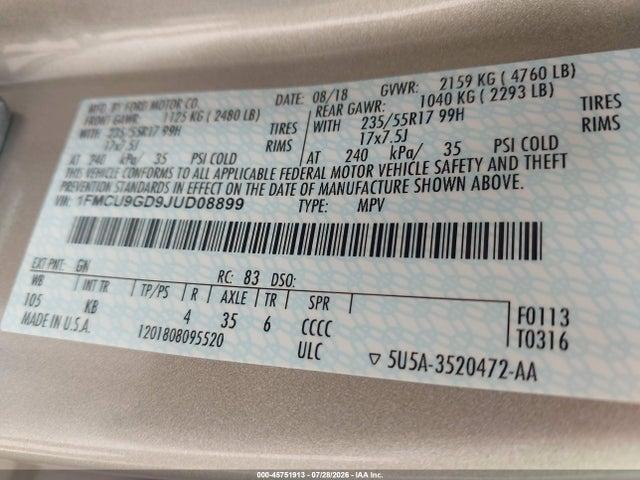 1FMCU9GD9JUD08899 Ford ESCAPE SE