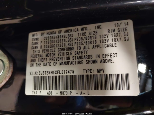 2015 Acura Rdx მანქანა იყიდება აუქციონზე, vin: 5J8TB4H5XFL017475, აუქციონის ნომერი: 45751914