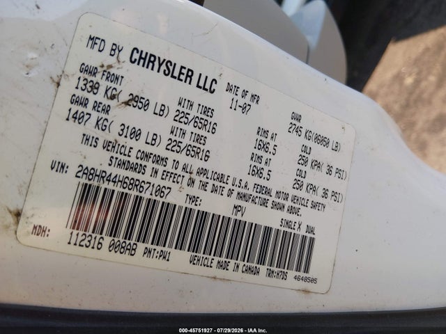 45751927 :رقم المزاد ، 2A8HR44H68R671067 vin ، 2008 Chrysler Town & Country Lx مزاد بيع