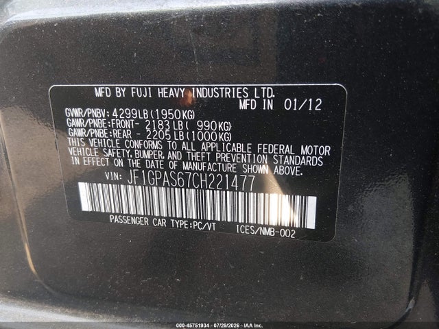 2012 Subaru Impreza 2.0i Sport Limited მანქანა იყიდება აუქციონზე, vin: JF1GPAS67CH221477, აუქციონის ნომერი: 45751934