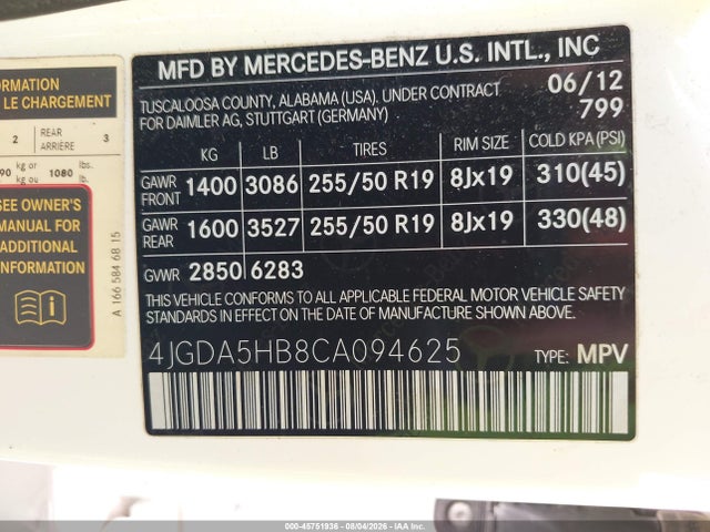 45751936 :رقم المزاد ، 4JGDA5HB8CA094625 vin ، 2012 Mercedes-benz Ml 350 4matic مزاد بيع