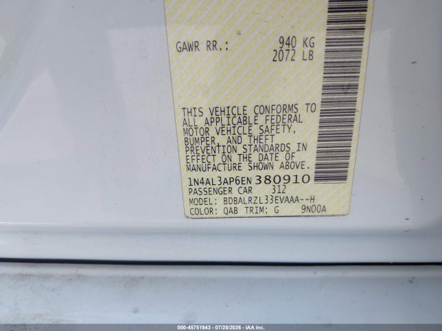 2014 Nissan Altima 2.5 S მანქანა იყიდება აუქციონზე, vin: 1N4AL3AP6EN380910, აუქციონის ნომერი: 45751943