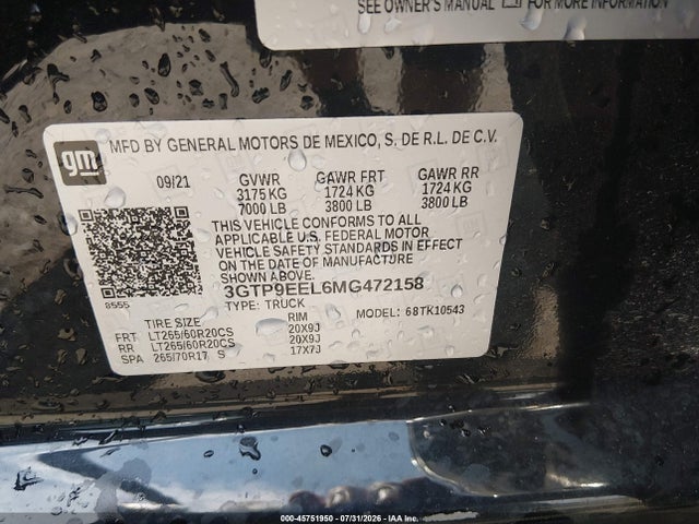 45751950 :رقم المزاد ، 3GTP9EEL6MG472158 vin ، 2021 Gmc Sierra 1500 4wd  Short Box At4 مزاد بيع