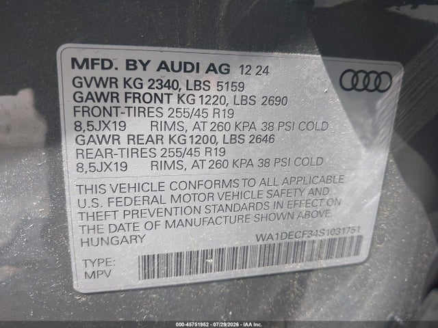 Aukcja sprzedaży 2025 Audi Q3 Premium 45 Tfsi S Line Quattro Tiptronic, vin: WA1DECF34S1031751, numer aukcji: 45751952