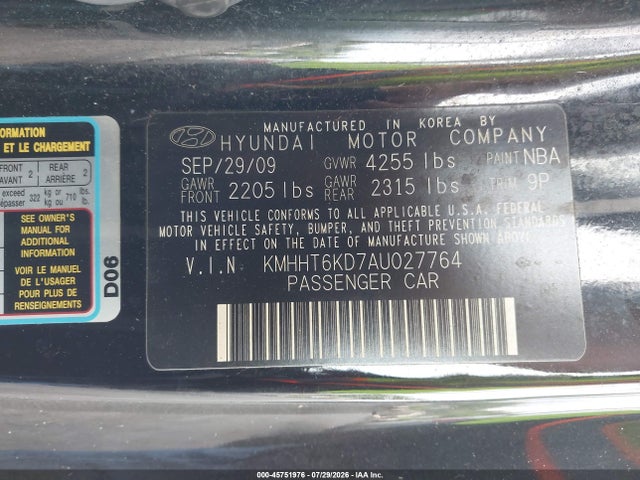Продажа на аукционе авто 2010 Hyundai Genesis 2.0t Premium, vin: KMHHT6KD7AU027764, номер лота: 45751976
