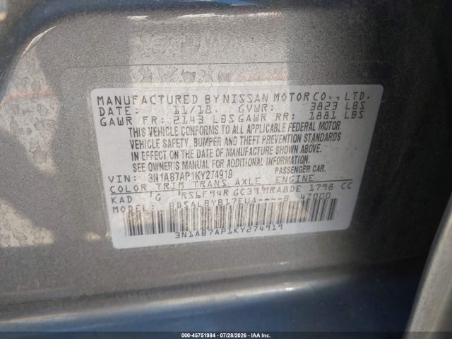 Nissan SENTRA S 2019 3N1AB7AP1KY274919 Image 9