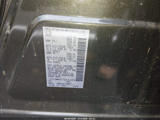 2014 Infiniti Qx60 Hybrid მანქანა იყიდება აუქციონზე, vin: 5N1CL0MM2EC523183, აუქციონის ნომერი: 45752007