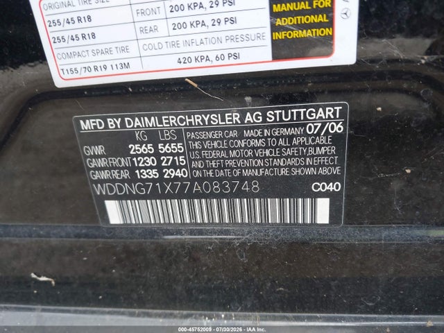 45752009 :رقم المزاد ، WDDNG71X77A083748 vin ، 2007 Mercedes-benz S 550 مزاد بيع