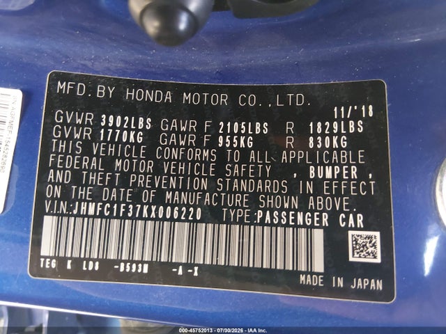 Honda CIVIC EX 2019 JHMFC1F37KX006220 Image 9