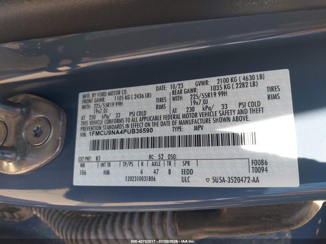 2023 Ford Escape St-line Select მანქანა იყიდება აუქციონზე, vin: 1FMCU9NA4PUB36590, აუქციონის ნომერი: 45752017