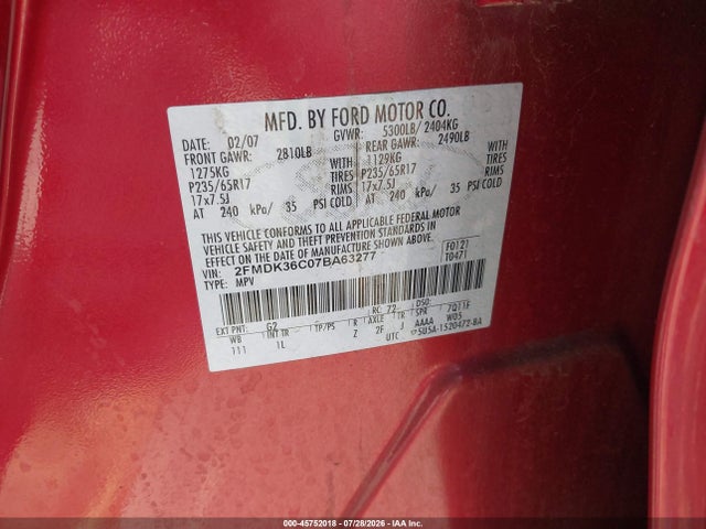 2007 Ford Edge Se მანქანა იყიდება აუქციონზე, vin: 2FMDK36C07BA63277, აუქციონის ნომერი: 45752018