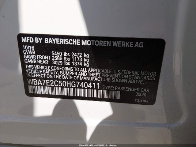 Продаж на аукціоні авто 2017 Bmw 740i, vin: WBA7E2C50HG740411, номер лоту: 45752029