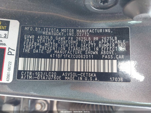 Продажа на аукционе авто 2012 Toyota Camry Se, vin: 4T1BF1FK7CU062011, номер лота: 45752042