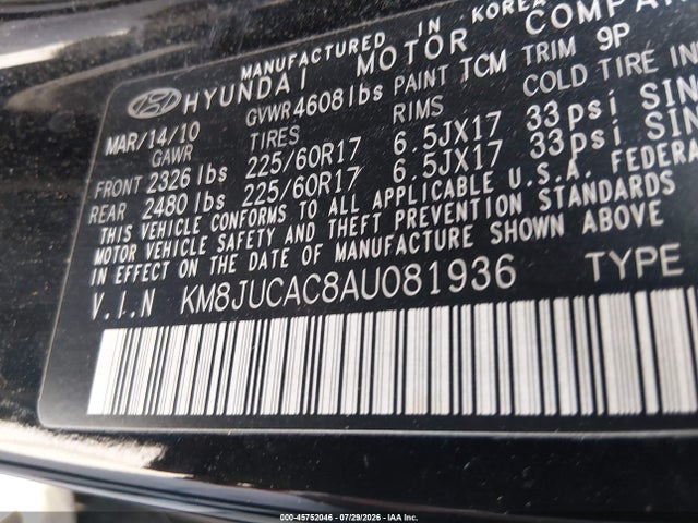 45752046 :رقم المزاد ، KM8JUCAC8AU081936 vin ، 2010 Hyundai Tucson Gls مزاد بيع