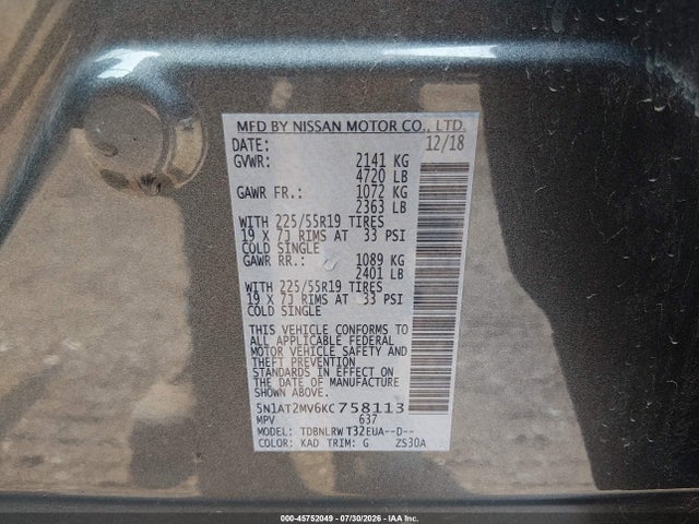Aukcja sprzedaży 2019 Nissan Rogue Sl, vin: 5N1AT2MV6KC758113, numer aukcji: 45752049