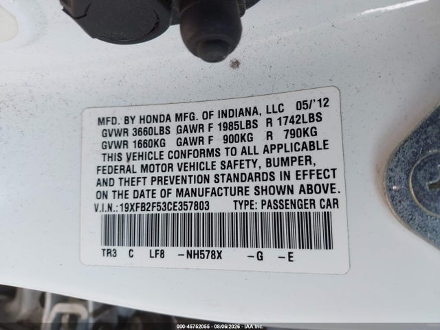 Продаж на аукціоні авто 2012 Honda Civic Lx, vin: 19XFB2F53CE357803, номер лоту: 45752055