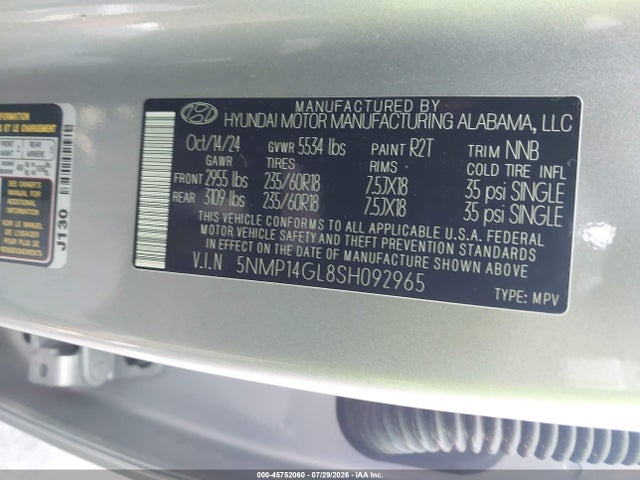 Продаж на аукціоні авто 2025 Hyundai Santa Fe Se, vin: 5NMP14GL8SH092965, номер лоту: 45752060
