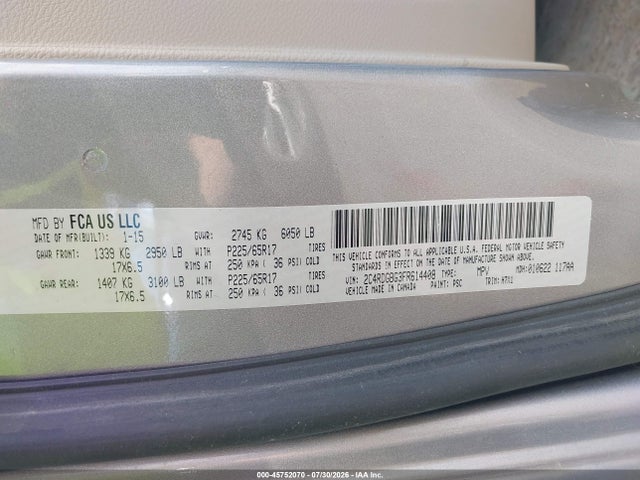 45752070 :رقم المزاد ، 2C4RDGBG3FR614408 vin ، 2015 Dodge Grand Caravan Se مزاد بيع