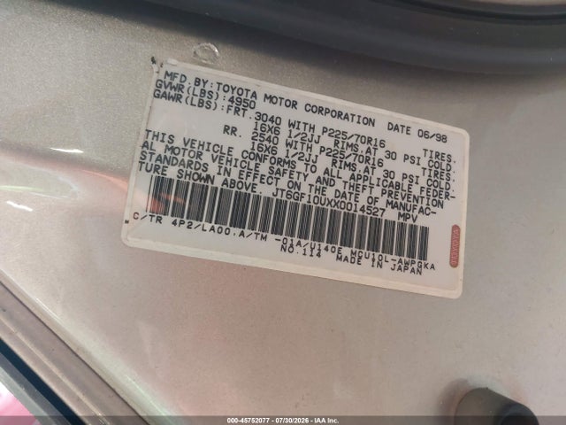 Aukcja sprzedaży 1999 Lexus Rx 300, vin: JT6GF10UXX0014527, numer aukcji: 45752077