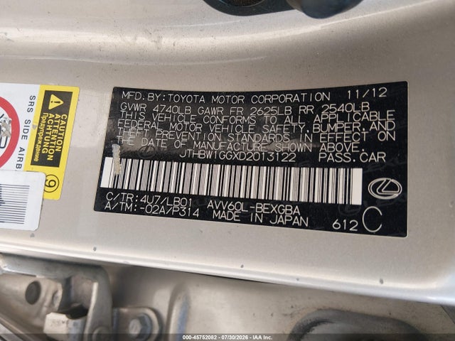 Aukcja sprzedaży 2013 Lexus Es 300h, vin: JTHBW1GGXD2013122, numer aukcji: 45752082