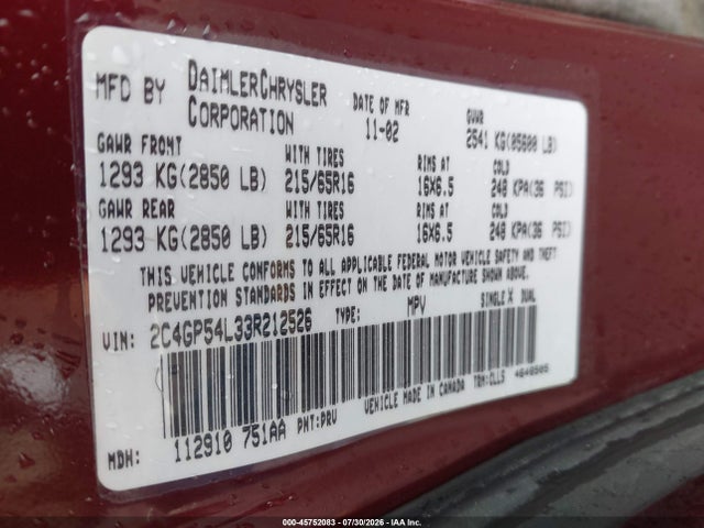 2003 Chrysler Town & Country Lxi მანქანა იყიდება აუქციონზე, vin: 2C4GP54L33R212526, აუქციონის ნომერი: 45752083