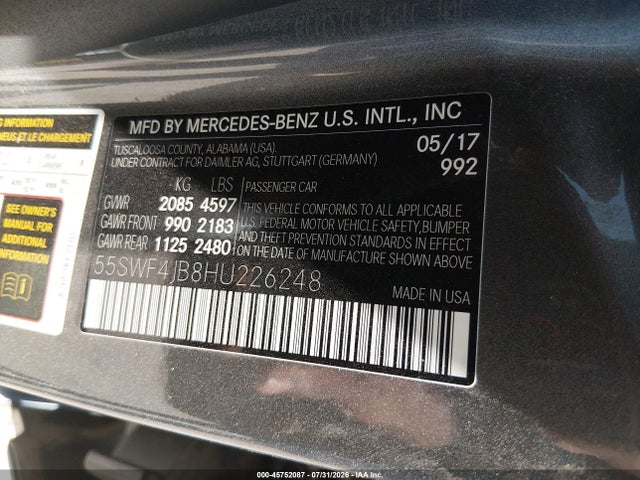Aukcja sprzedaży 2017 Mercedes-benz C 300 Sport, vin: 55SWF4JB8HU226248, numer aukcji: 45752087