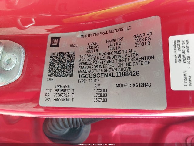 Auction sale of the 2020 Chevrolet Colorado 2wd  Short Box Lt, vin: 1GCGSCENXL1188426, lot number: 45752089