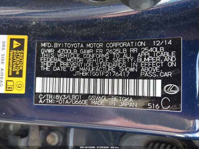 45752099 :رقم المزاد ، JTHBK1GG1F2176417 vin ، 2015 Lexus Es 350 مزاد بيع