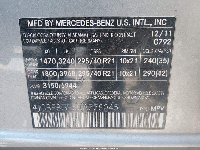 2012 Mercedes-benz Gl 550 4matic მანქანა იყიდება აუქციონზე, vin: 4JGBF8GE6CA778045, აუქციონის ნომერი: 45752101