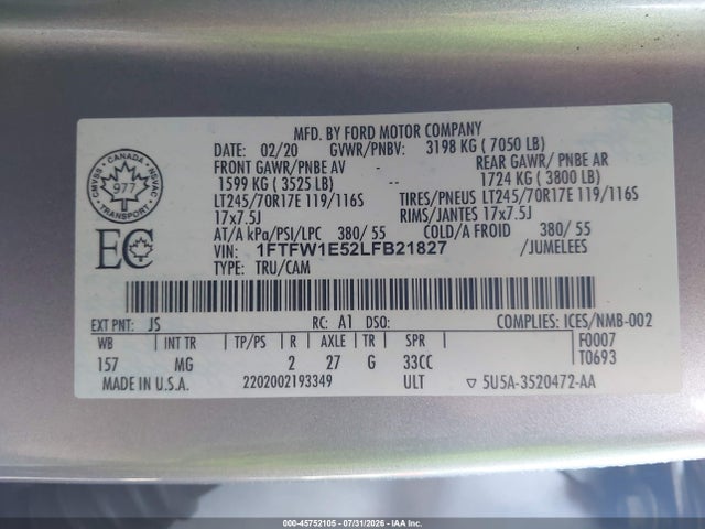 1FTFW1E52LFB21827 Ford F-150 Xlt