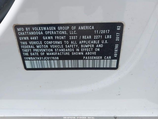 Volkswagen Passat 2.0t Se 2018 1VWBA7A31JC017538 Image 9