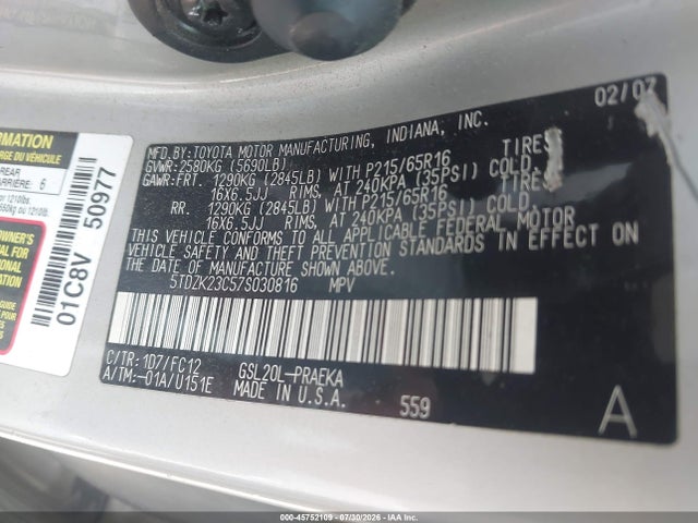 Продажа на аукционе авто 2007 Toyota Sienna Le, vin: 5TDZK23C57S030816, номер лота: 45752109