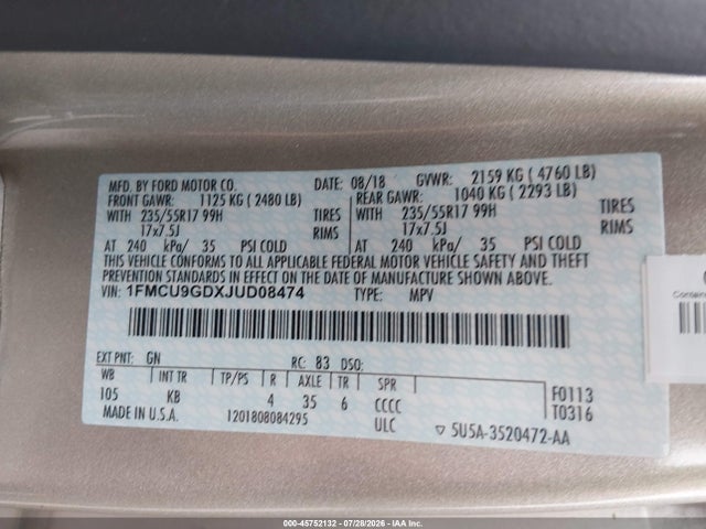 Aukcja sprzedaży 2018 Ford Escape Se, vin: 1FMCU9GDXJUD08474, numer aukcji: 45752132