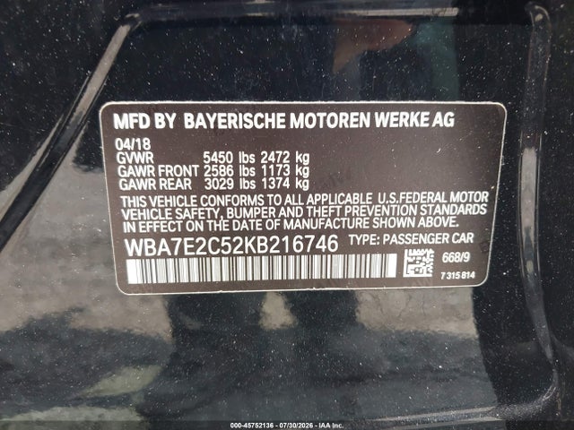 2019 Bmw 740i მანქანა იყიდება აუქციონზე, vin: WBA7E2C52KB216746, აუქციონის ნომერი: 45752136