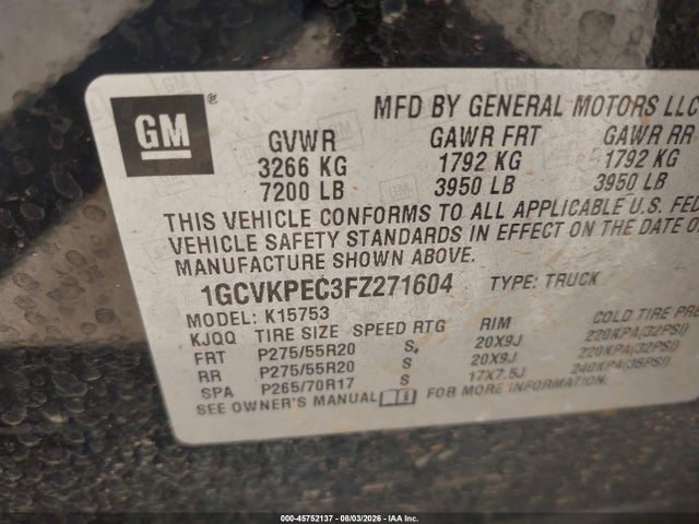 45752137 :رقم المزاد ، 1GCVKPEC3FZ271604 vin ، 2015 Chevrolet Silverado 1500 Work Truck مزاد بيع