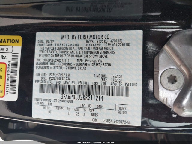Ford Fusion Hybrid Se 2019 3FA6P0LU2KR211214 Image 9
