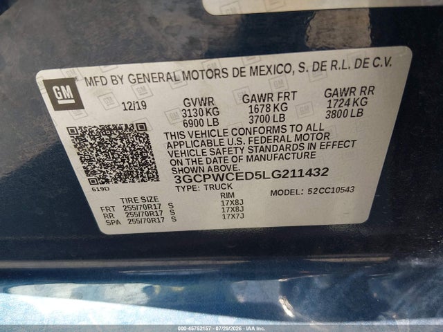 45752157 :رقم المزاد ، 3GCPWCED5LG211432 vin ، 2020 Chevrolet Silverado 1500 2wd  Short Bed Lt مزاد بيع