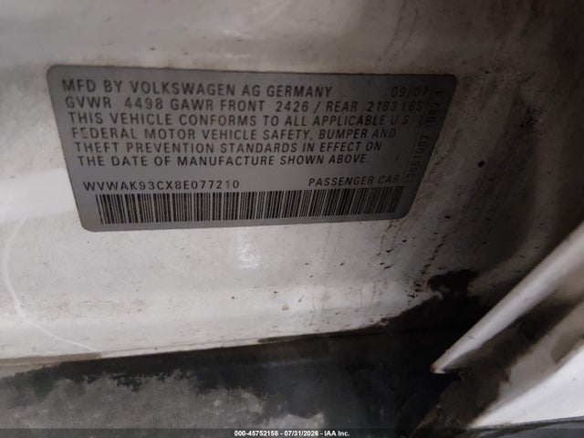 Aukcja sprzedaży 2008 Volkswagen Passat Komfort, vin: WVWAK93CX8E077210, numer aukcji: 45752158
