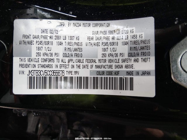 Aukcja sprzedaży 2012 Mazda Cx-9 Touring, vin: JM3TB3CV5C0355676, numer aukcji: 45752165
