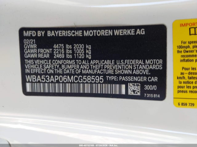 Продаж на аукціоні авто 2021 Bmw 430i, vin: WBA53AP06MCG58595, номер лоту: 45752169