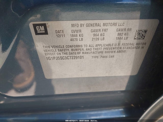 Aukcja sprzedaży 2012 Chevrolet Cruze Eco, vin: 1G1PJ5SC3C7229101, numer aukcji: 45752171
