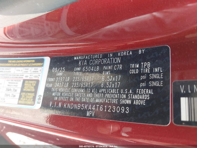 Продажа на аукционе авто 2026 Kia Carnival Mpv Hybrid Lxs, vin: KNDNB5KA4T6123093, номер лота: 45752174