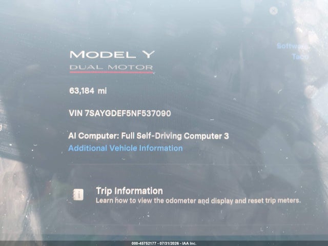 2022 Tesla Model Y Performance Dual Motor All-wheel Drive მანქანა იყიდება აუქციონზე, vin: 7SAYGDEF5NF537090, აუქციონის ნომერი: 45752177
