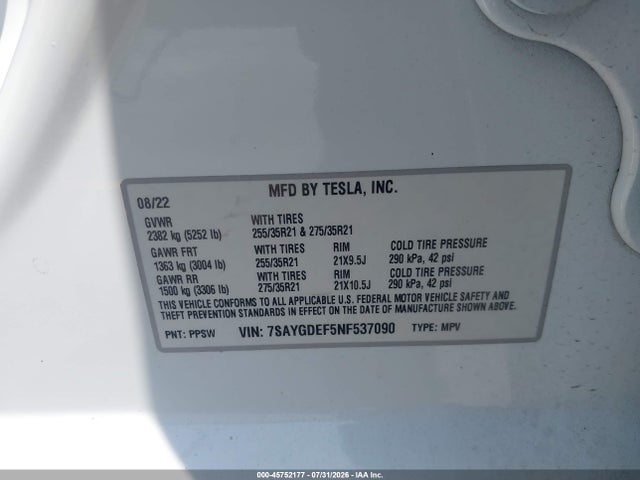 2022 Tesla Model Y Performance Dual Motor All-wheel Drive მანქანა იყიდება აუქციონზე, vin: 7SAYGDEF5NF537090, აუქციონის ნომერი: 45752177