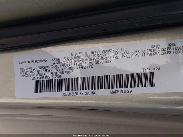 45752193 :رقم المزاد ، 4S4BP61C776343889 vin ، 2007 Subaru Legacy 2.5i/2.5i Basic مزاد بيع