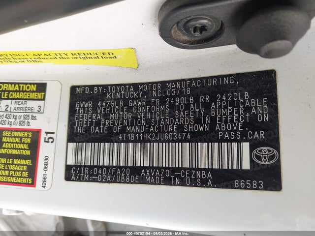 Toyota CAMRY LE 2018 4T1B11HK2JU603474 Image 9